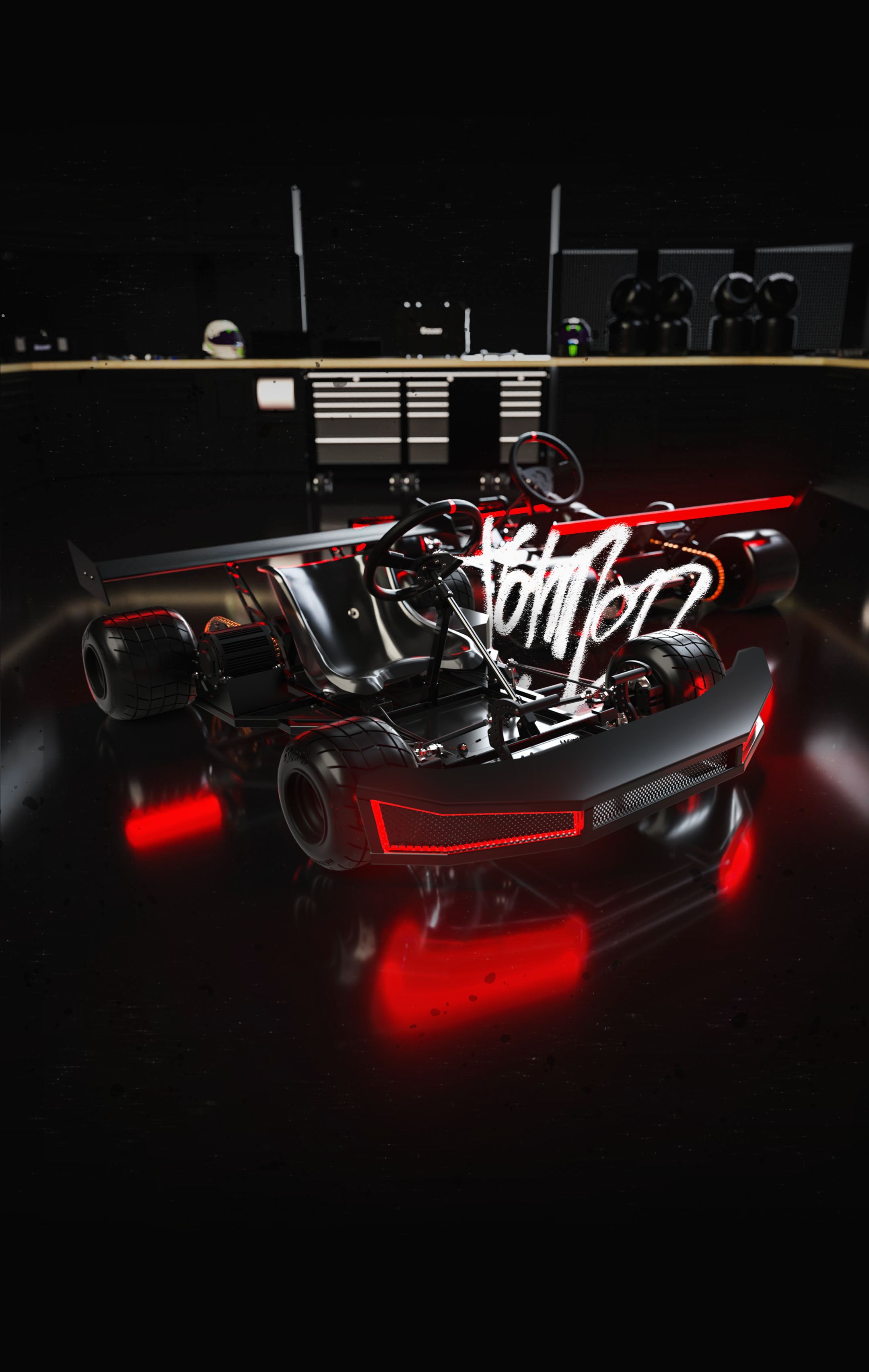 Nighthawk Titan electric go-kart in a dark workshop